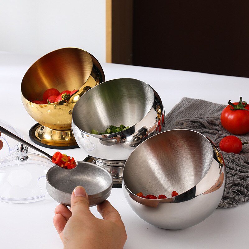 Bol à Sauce incliné en acier inoxydable avec couvercle, pot chaud pour Buffet, pot d'assaisonnement, récipient pour salade de fruits, bols sphériques, vaisselle de service