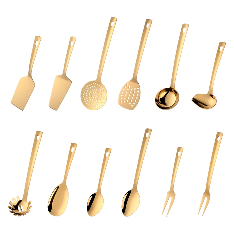 Ustensiles de cuisine en acier inoxydable, outil de cuisine en or, ensembles de service longs, cuillère cuillère fourchette tourneuse louche pelle à gâteau 4/12 pièces