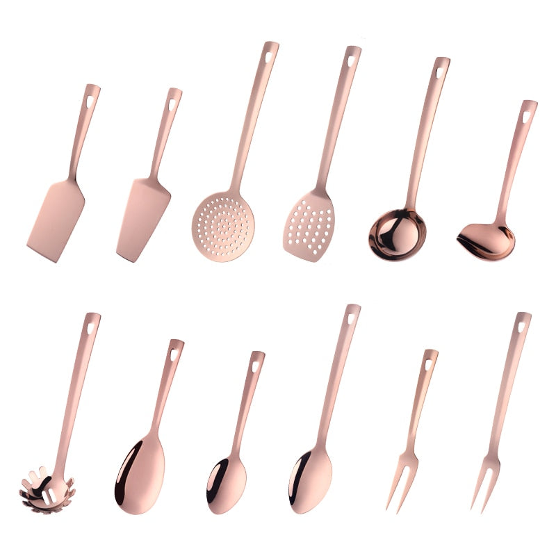 Ustensiles de cuisine en acier inoxydable, outil de cuisine en or, ensembles de service longs, cuillère cuillère fourchette tourneuse louche pelle à gâteau 4/12 pièces