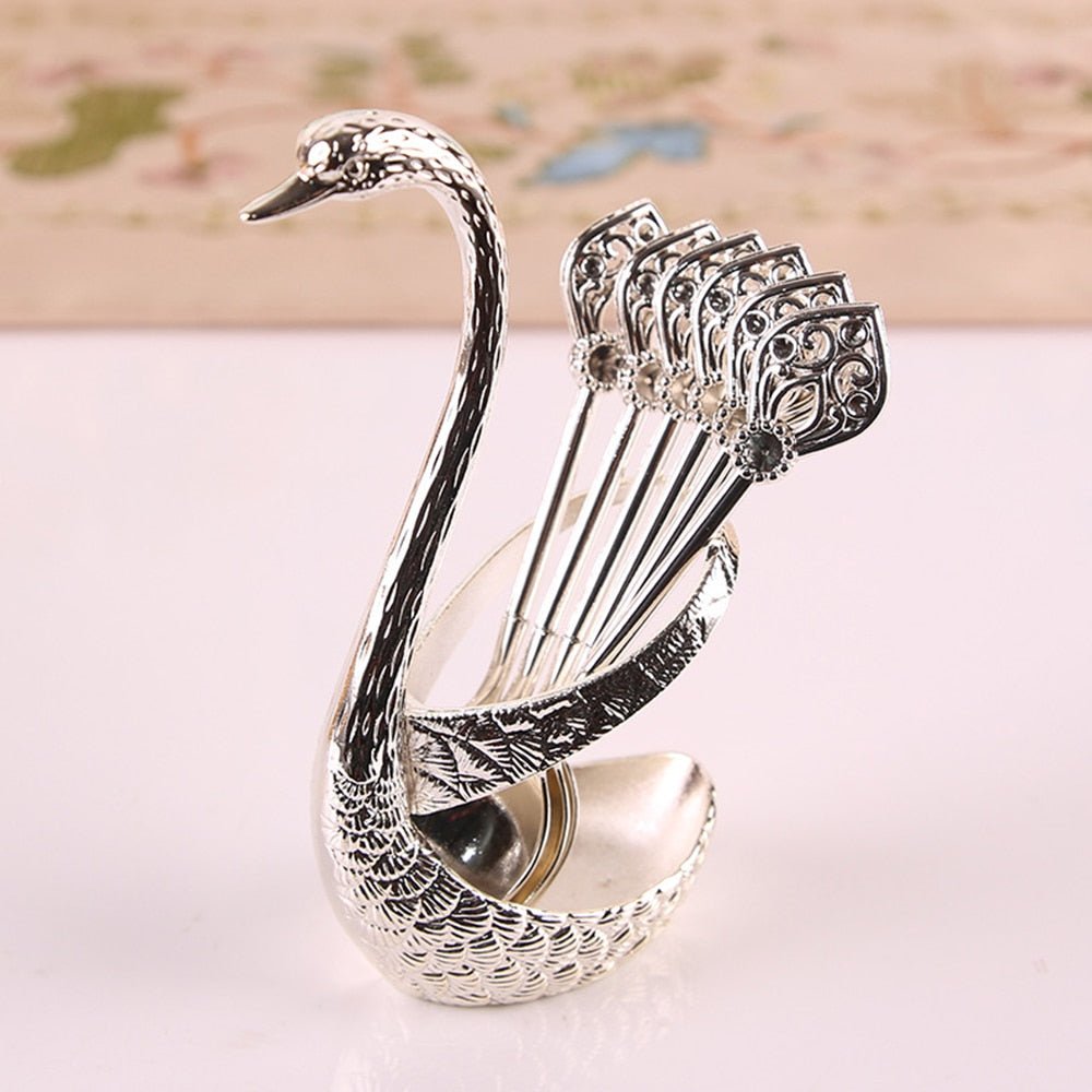 Stainless Steel Creative Dinnerware Set Decorative Swan Base Holder with 6 Spoons for Coffee Fruit Dessert Stirring Mixing