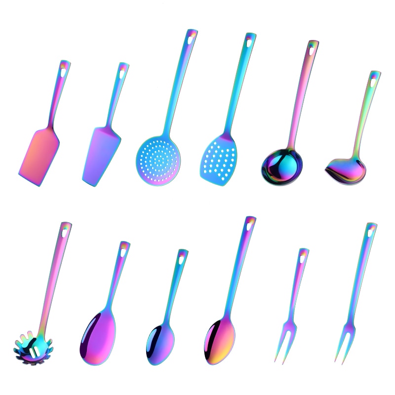 Ustensiles de cuisine en acier inoxydable, outil de cuisine en or, ensembles de service longs, cuillère cuillère fourchette tourneuse louche pelle à gâteau 4/12 pièces