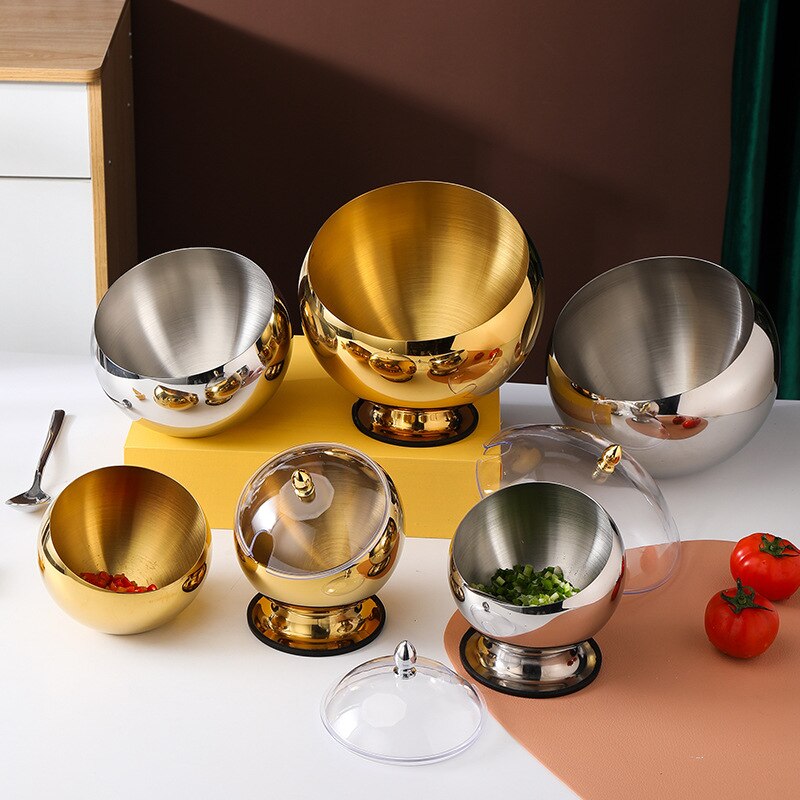 Bol à Sauce incliné en acier inoxydable avec couvercle, pot chaud pour Buffet, pot d'assaisonnement, récipient pour salade de fruits, bols sphériques, vaisselle de service
