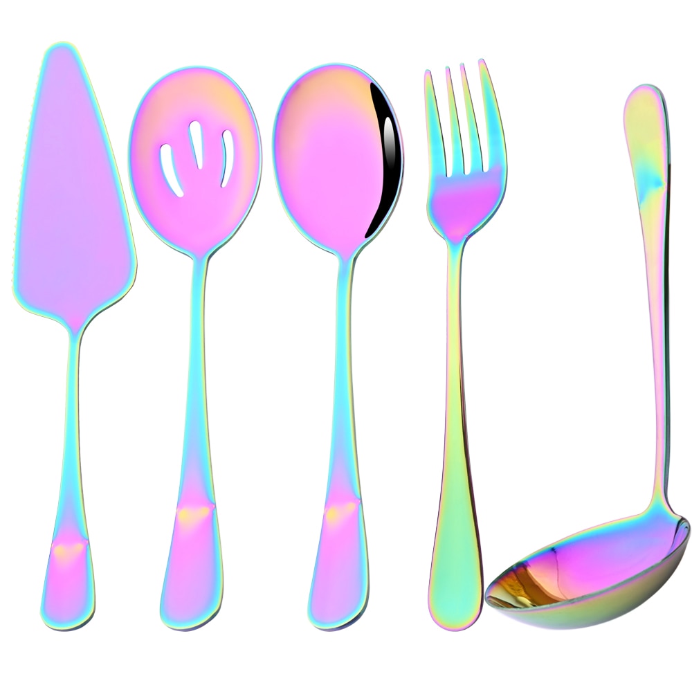5Pcs Gold Dinnerware Set Stainless Steel Cutlery Serving Utensils Buffet Catering Serving Colander Spoons Fork Silverware Set