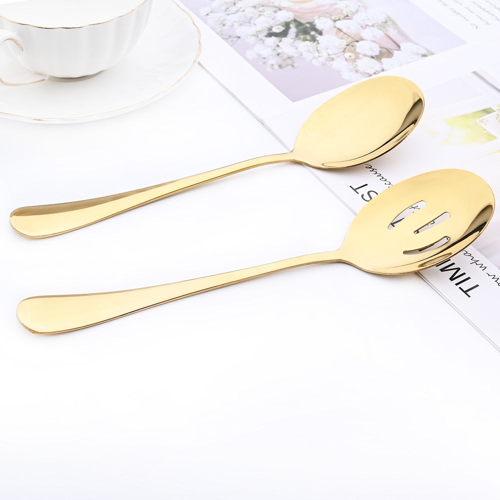 5Pcs Gold Dinnerware Set Stainless Steel Cutlery Serving Utensils Buffet Catering Serving Colander Spoons Fork Silverware Set