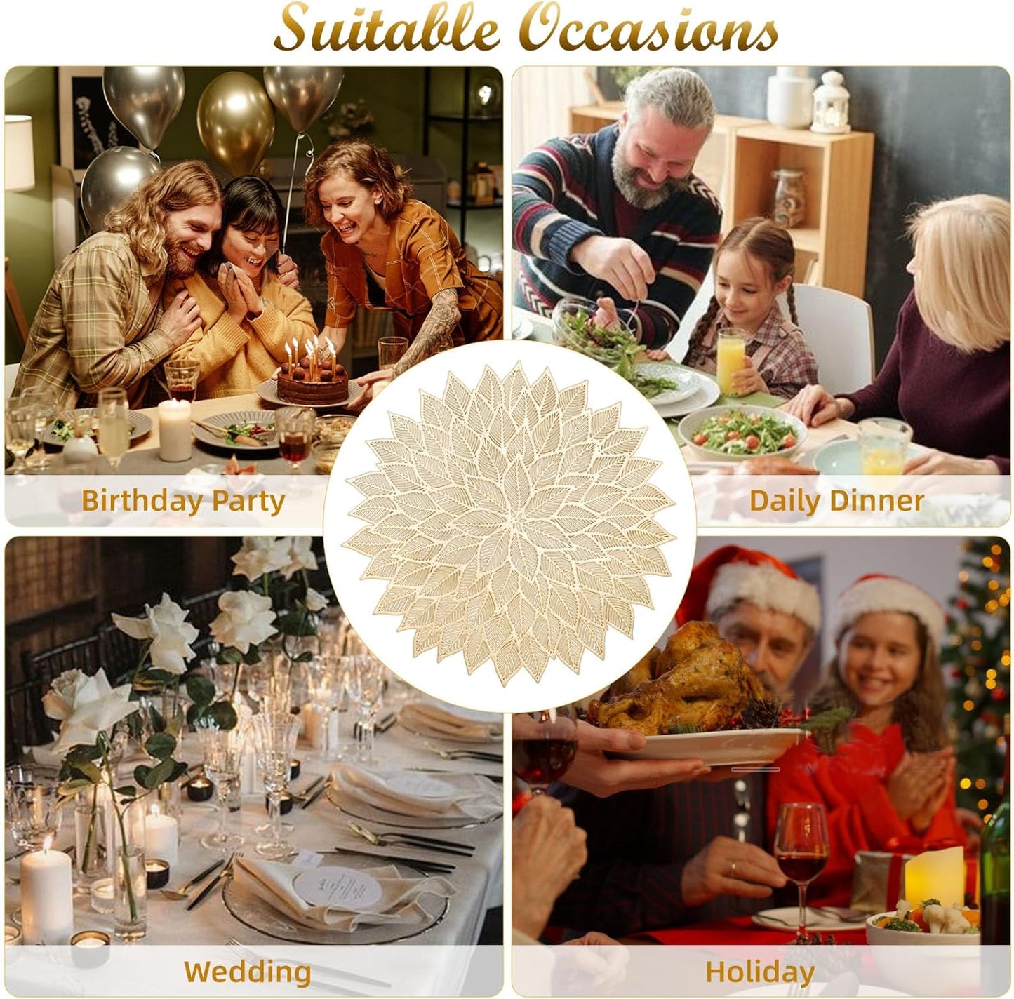 Placemats Set of 12, Round Hollow Out Flowers Place Mats for Dining Table Pressed Vinyl Blooming Leaf Table Mats for Holiday Party Wedding Accent Centerpiece Dinner Table Decoration (Gold)