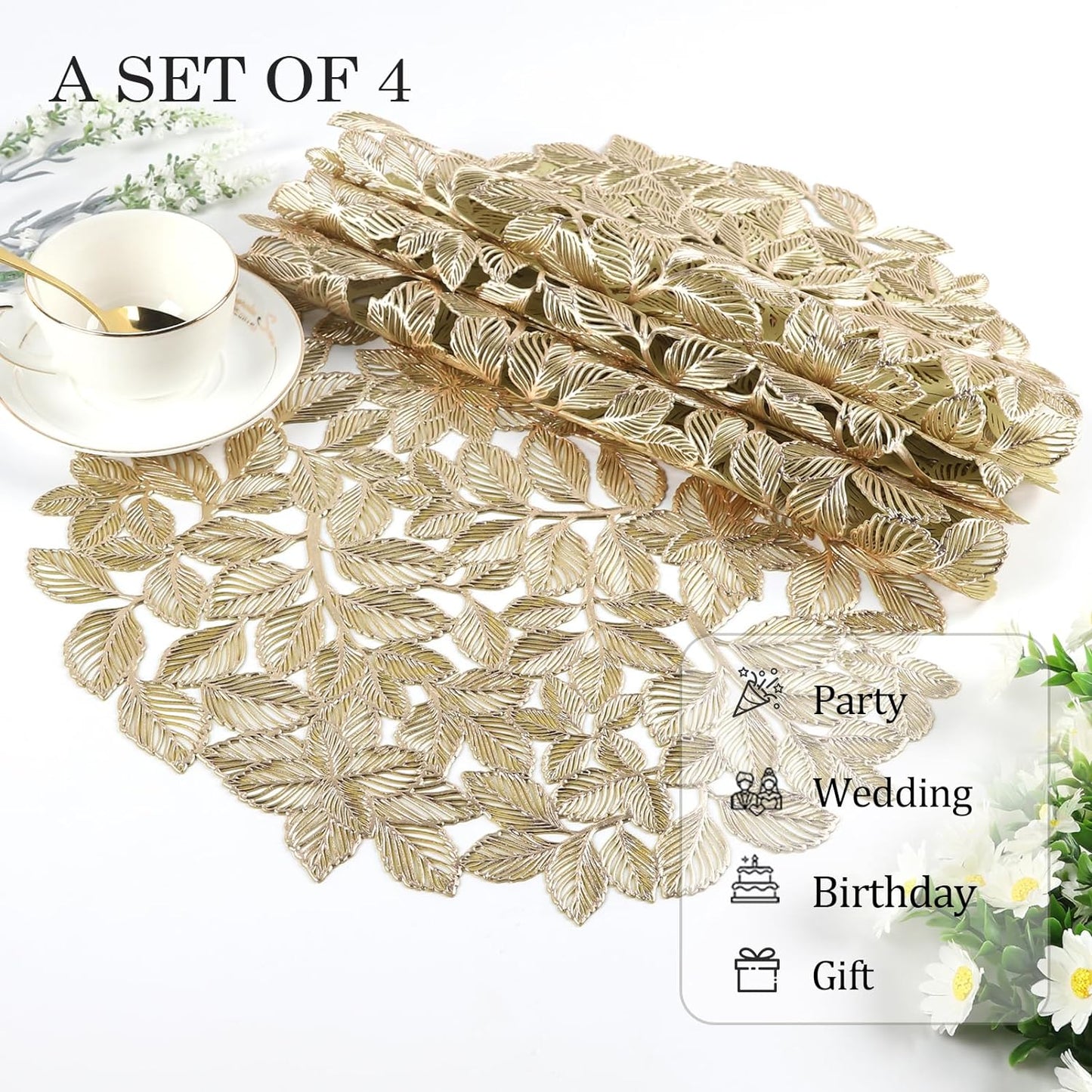 Round Gold Placemats Set of 12 Metallic Leaf Pressed Vinyl Table Dining Mats Waterproof Decorations Placemats for Gathering Housewarming Activities