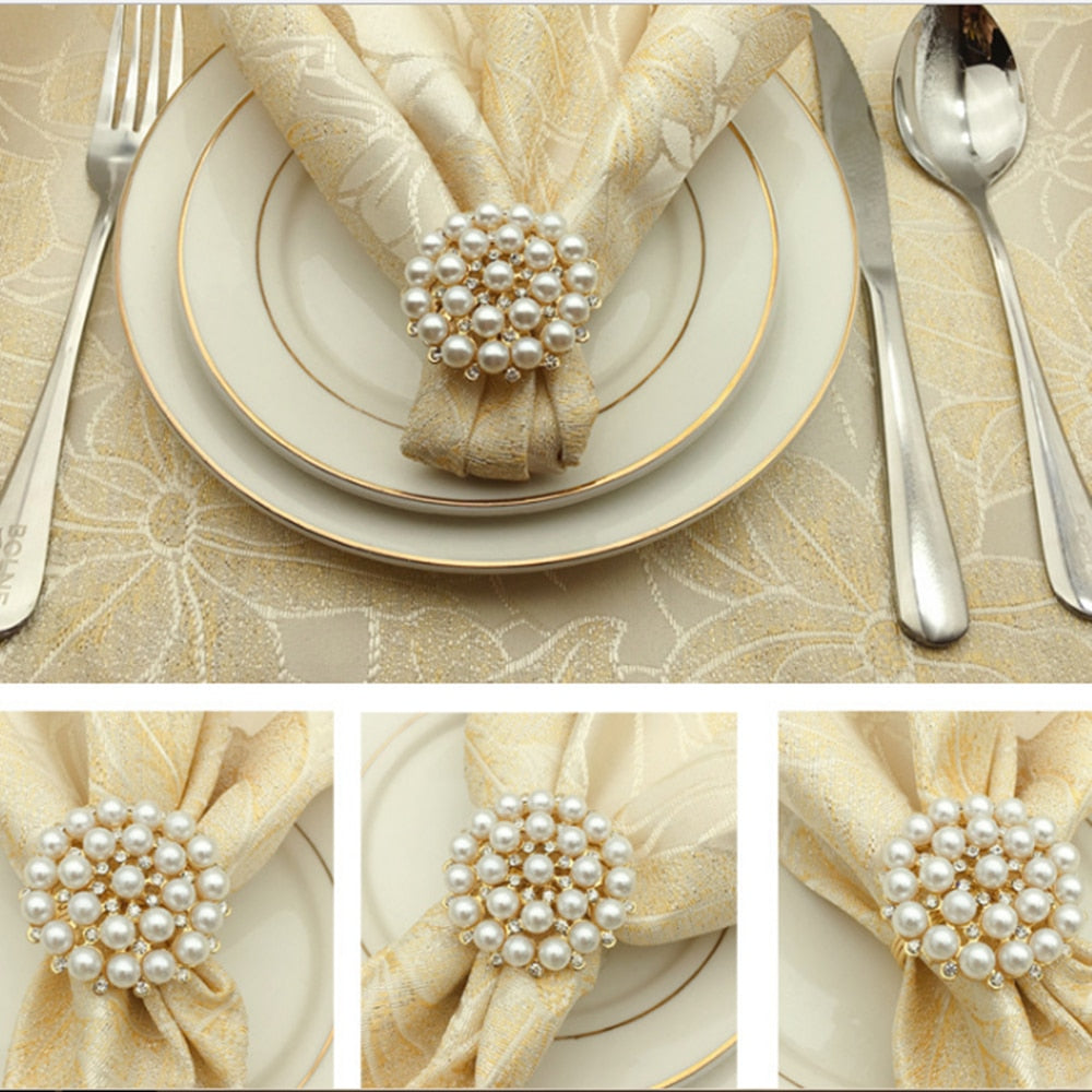 10pcs SHSEJA Deluxe Napkin Ring Hotel Wedding Supplies Napkin Ring Gold Plated Diamond Pearl Napkin Buckle Desktop Decoration