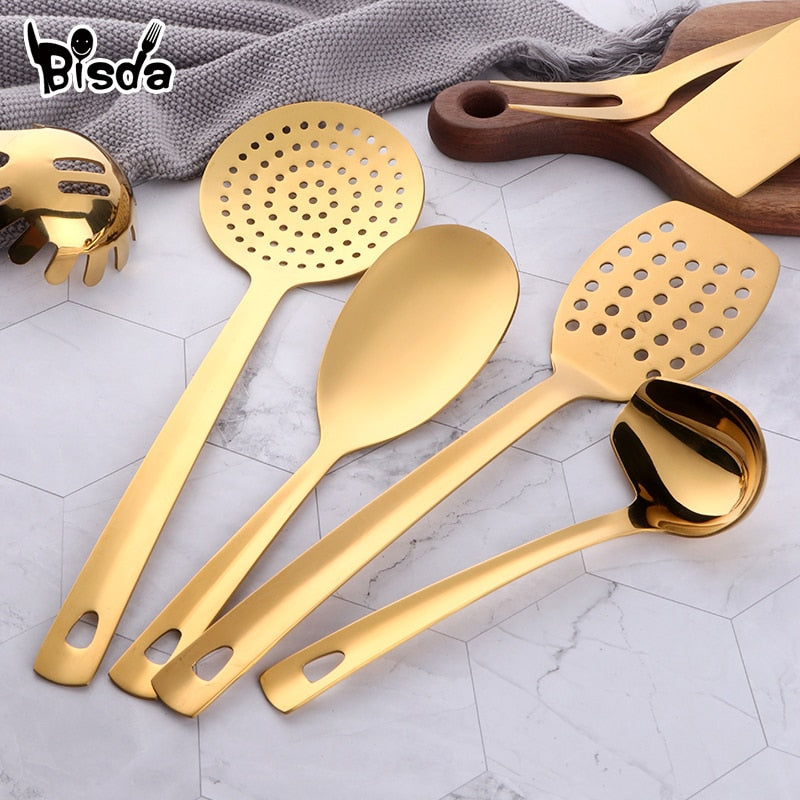 Ustensiles de cuisine en acier inoxydable, outil de cuisine en or, ensembles de service longs, cuillère cuillère fourchette tourneuse louche pelle à gâteau 4/12 pièces
