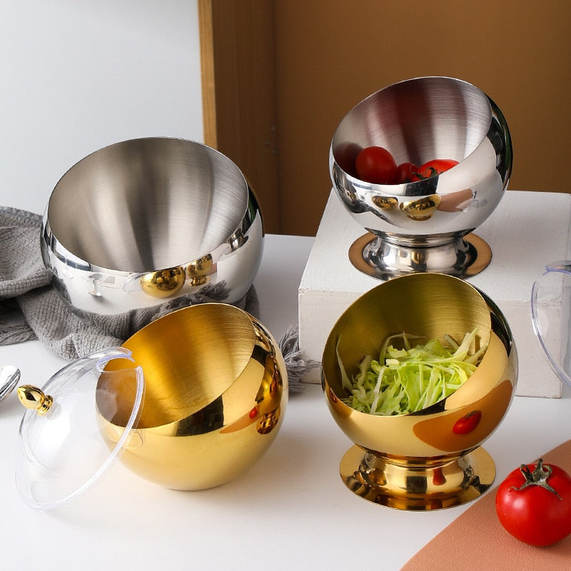 Bol à Sauce incliné en acier inoxydable avec couvercle, pot chaud pour Buffet, pot d'assaisonnement, récipient pour salade de fruits, bols sphériques, vaisselle de service