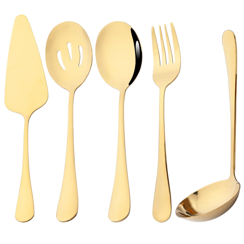 5Pcs Gold Dinnerware Set Stainless Steel Cutlery Serving Utensils Buffet Catering Serving Colander Spoons Fork Silverware Set