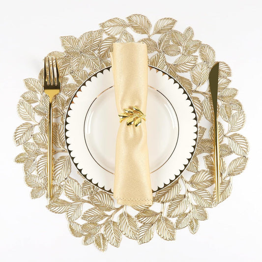 Round Gold Placemats Set of 12 Metallic Leaf Pressed Vinyl Table Dining Mats Waterproof Decorations Placemats for Gathering Housewarming Activities