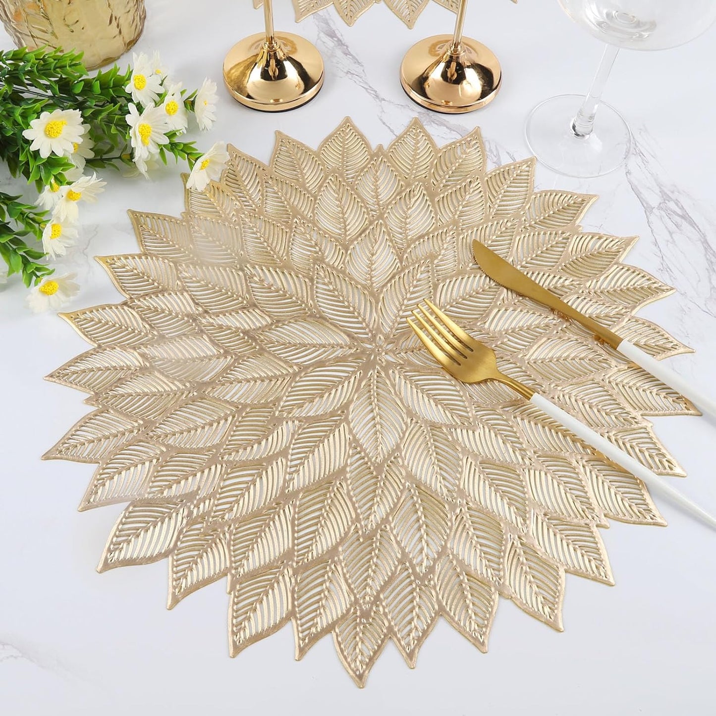 Placemats Set of 12, Round Hollow Out Flowers Place Mats for Dining Table Pressed Vinyl Blooming Leaf Table Mats for Holiday Party Wedding Accent Centerpiece Dinner Table Decoration (Gold)