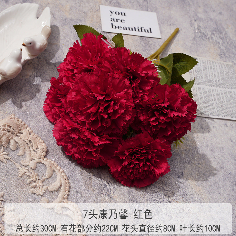 Uniquelina Roses artificielles Dianthus caryophyllus à 7 têtes, fausses roses rouges en soie avec tige, cadeau floral pour arrangement de mariage, fête, décoration d'intérieur