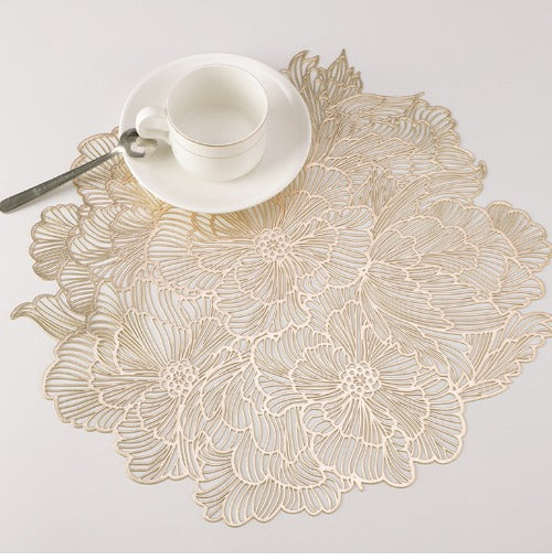 Gold Silver Placemats 12 pcs Sweet Acacia Elegant Tablemats Flower Round Vinyl Place Mats Table Setting Kitchen Mats for Dining Table Holiday Wedding Decorative