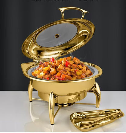  wholesale gold round stainless steel chafing dishes, 4.5–8L, in Abuja for hotels and events.