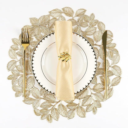 Round Gold Placemats Set of 12 Metallic Leaf Pressed Vinyl Table Dining Mats Waterproof Decorations Placemats for Gathering Housewarming Activities