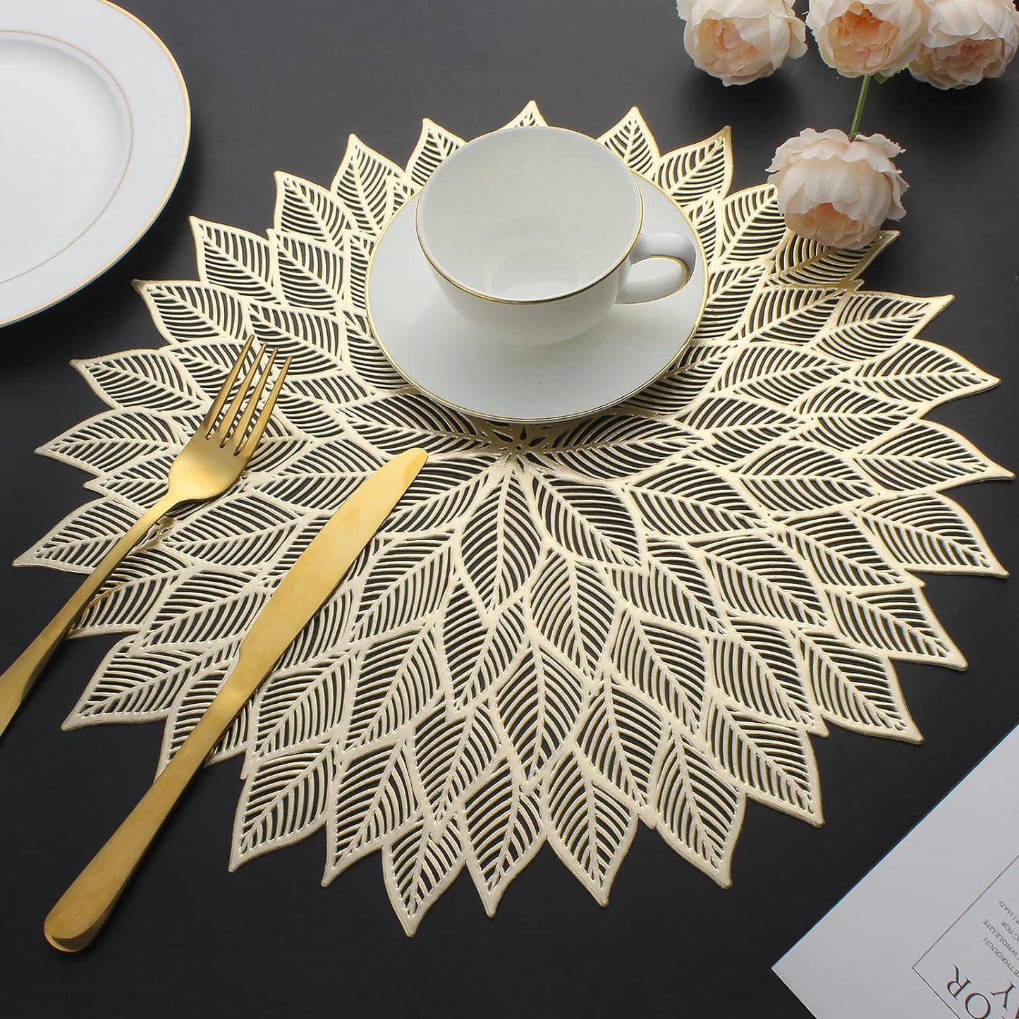 Placemats Set of 12, Round Hollow Out Flowers Place Mats for Dining Table Pressed Vinyl Blooming Leaf Table Mats for Holiday Party Wedding Accent Centerpiece Dinner Table Decoration (Gold)