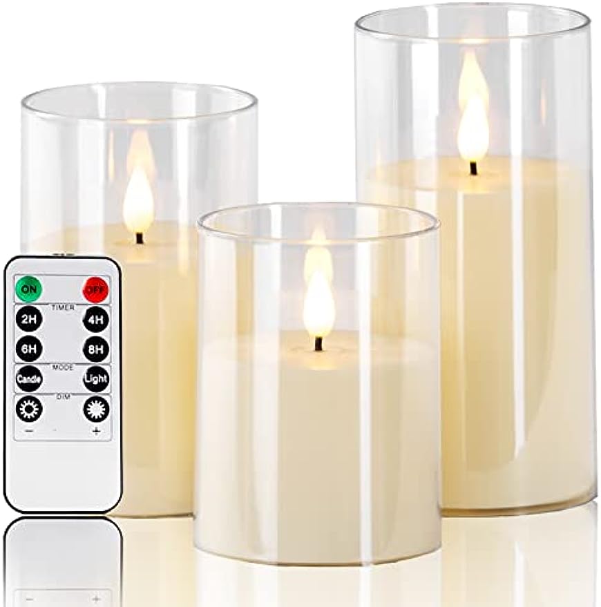 Ivory Flameless Pillar Candles Battery Operated with Remote Control and Timer, Perspex LED Flashing Electric Candles with 3D Flame Set of Three (D:3"×H:4" 5" 6")