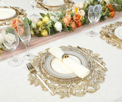 Round Gold Placemats Set of 12 Metallic Leaf Pressed Vinyl Table Dining Mats Waterproof Decorations Placemats for Gathering Housewarming Activities