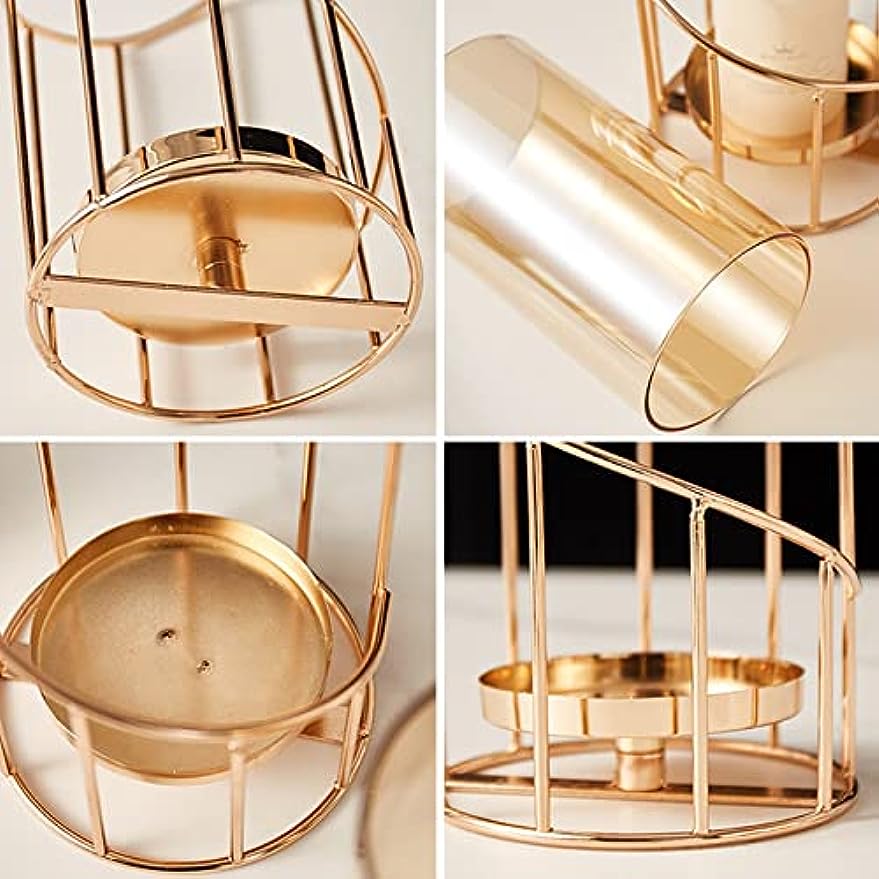 Metal Wire Candle Holder Set of 2, Glass Pillar Candle Holders Gold Decorative Tea Light Candleholders for Home Decor Table Decorations Centerpiece (Spiral)
