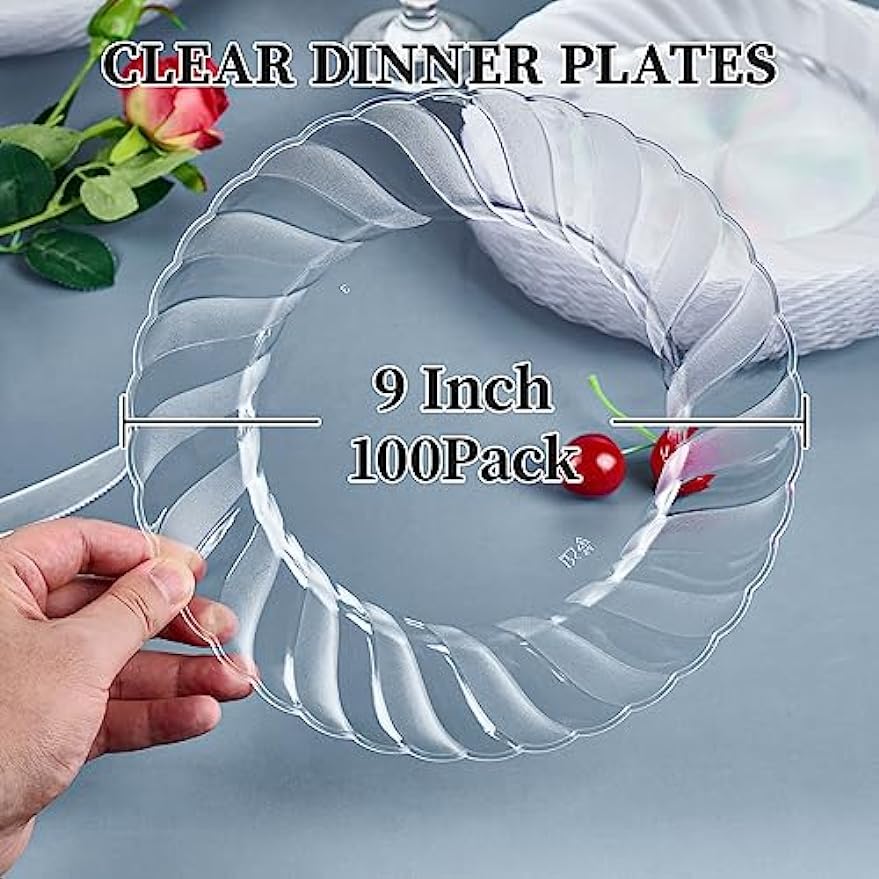 FOCUSLINE 100 Count Clear Plastic Plates 9 Inch, Disposable Heavy Duty Plastic Dinner Plates- Premium Hard Plastic Plates Fancy Disposable Clear Plates for Weddings, Parties and Events