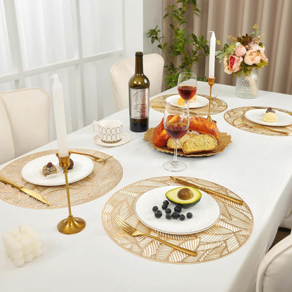 12 Pack Round Pressed Vinyl Placemats Metallic Place Mat Laminated Leaf Placemats Non-Slip Heat Insulation Kitchen Washable Table Mats Decoration Gold