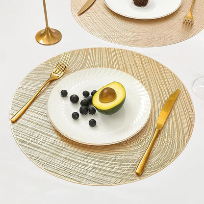12 Pack Round Pressed Vinyl Placemats Metallic Place Mat Laminated Leaf Placemats Non-Slip Heat Insulation Kitchen Washable Table Mats Decoration Gold
