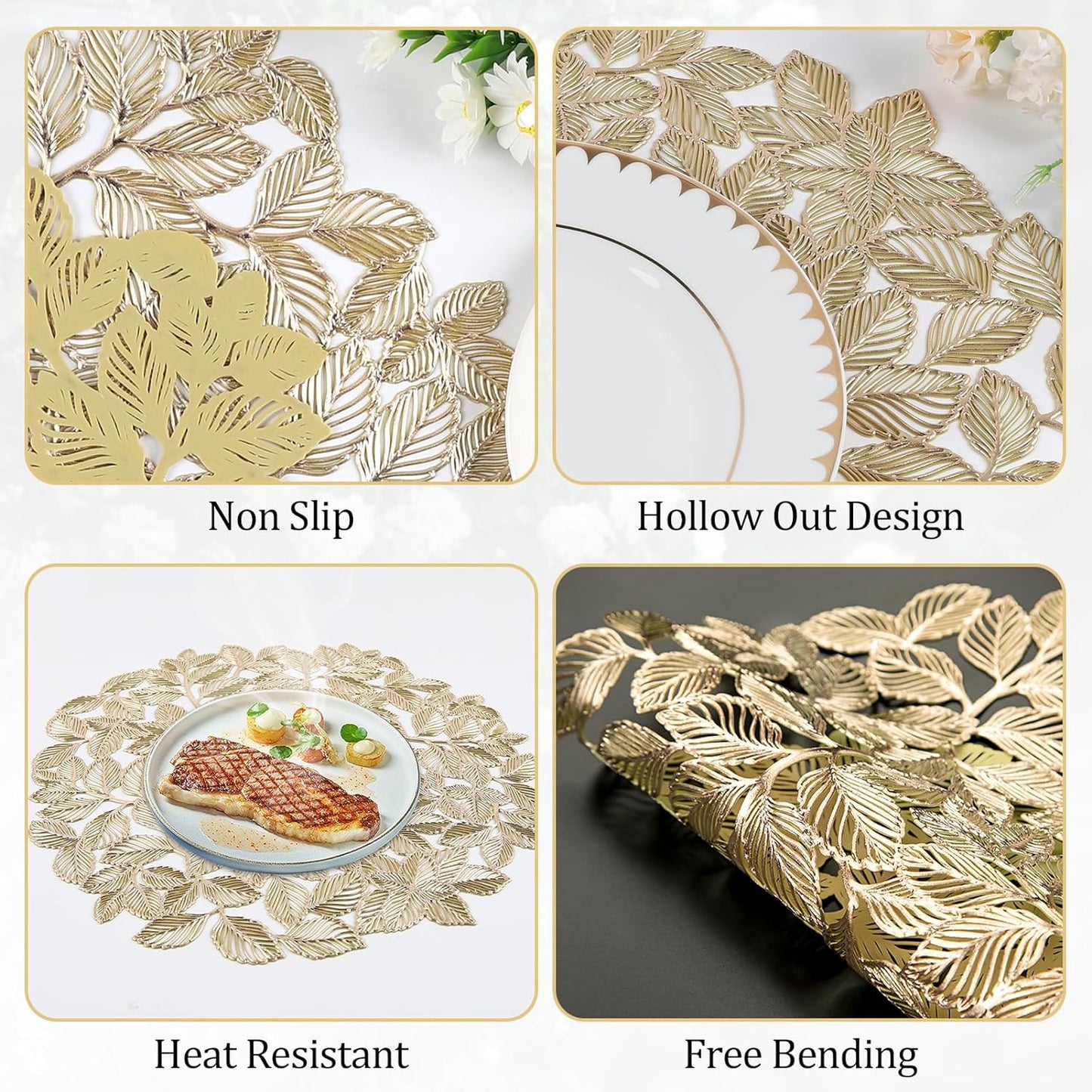Round Gold Placemats Set of 12 Metallic Leaf Pressed Vinyl Table Dining Mats Waterproof Decorations Placemats for Gathering Housewarming Activities