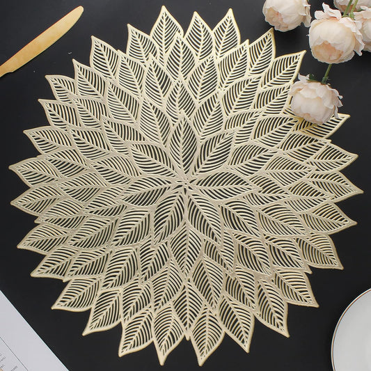 Placemats Set of 12, Round Hollow Out Flowers Place Mats for Dining Table Pressed Vinyl Blooming Leaf Table Mats for Holiday Party Wedding Accent Centerpiece Dinner Table Decoration (Gold)