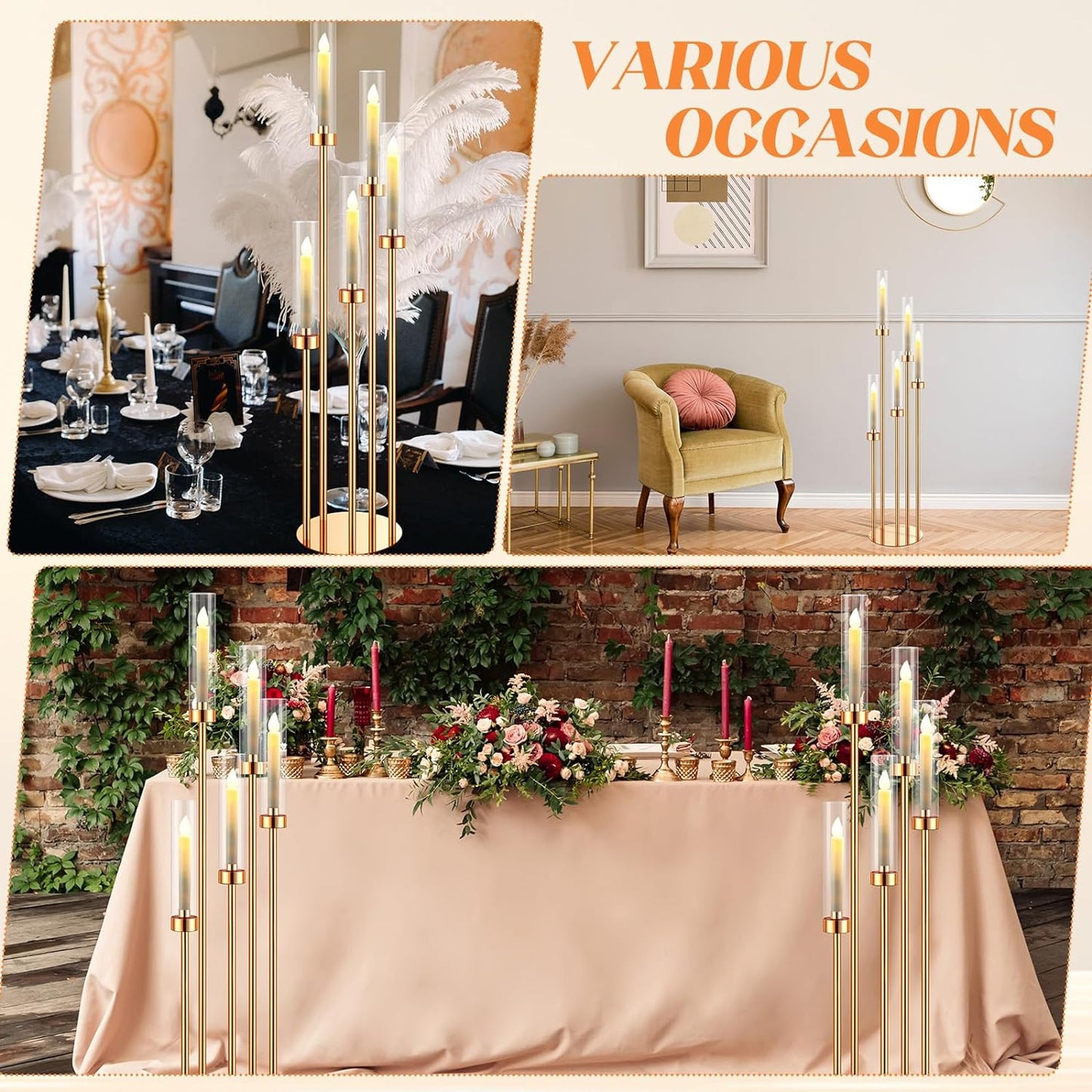 Uniquelina Floor Candelabra 16 Arm 48'' Tall Candle Holder, Candelabra Centerpieces for Tables, Metal Candlestick Set with Acrylic Lampshade for Wedding Party Home Decoration (Gold)