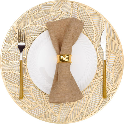 12 Pack Round Pressed Vinyl Placemats Metallic Place Mat Laminated Leaf Placemats Non-Slip Heat Insulation Kitchen Washable Table Mats Decoration Gold