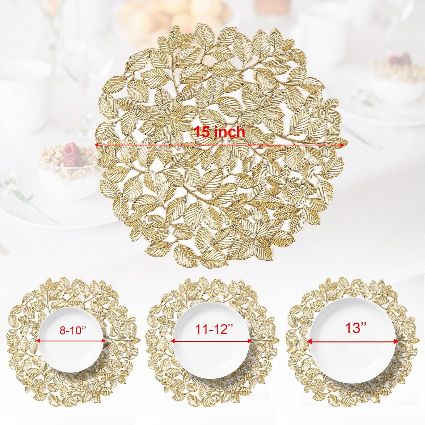 Round Gold Placemats Set of 12 Metallic Leaf Pressed Vinyl Table Dining Mats Waterproof Decorations Placemats for Gathering Housewarming Activities