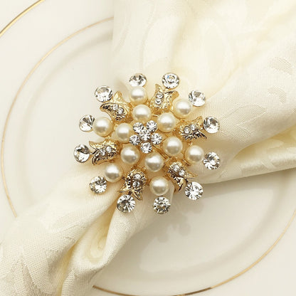 10pcs SHSEJA Deluxe Napkin Ring Hotel Wedding Supplies Napkin Ring Gold Plated Diamond Pearl Napkin Buckle Desktop Decoration