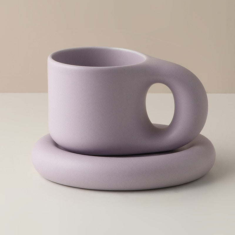 Tasse créative à poignée grasse faite à la main de 300ml, assiette ovale, soucoupe en céramique personnalisée pour café, thé, gâteau au lait, décoration nordique pour la maison