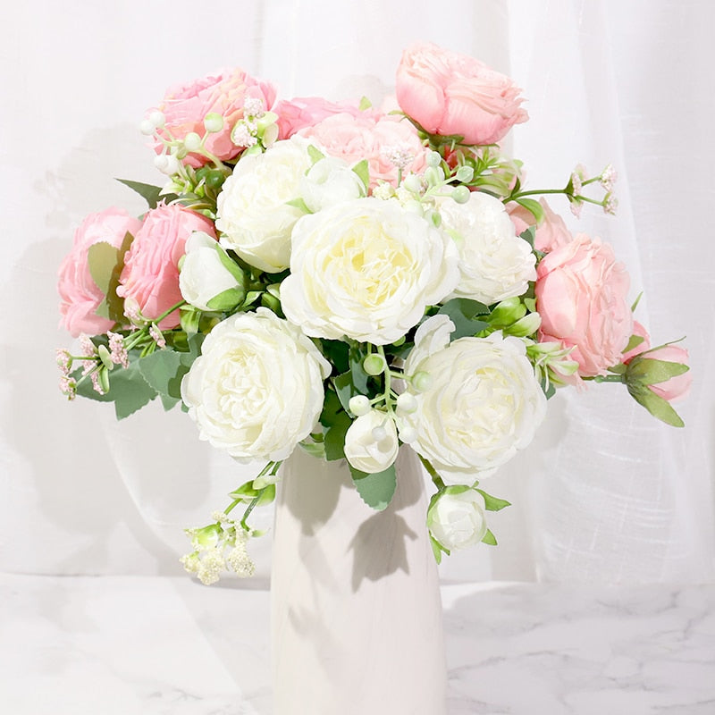 Pink Silk Peony Artificial Flowers Rose Wedding Home DIY Decor High Quality Big Bouquet Foam Accessories Craft White Fake Flower