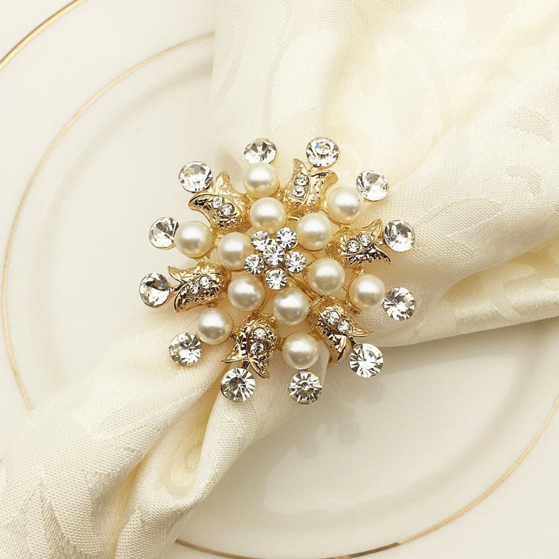 10pcs SHSEJA Deluxe Napkin Ring Hotel Wedding Supplies Napkin Ring Gold Plated Diamond Pearl Napkin Buckle Desktop Decoration