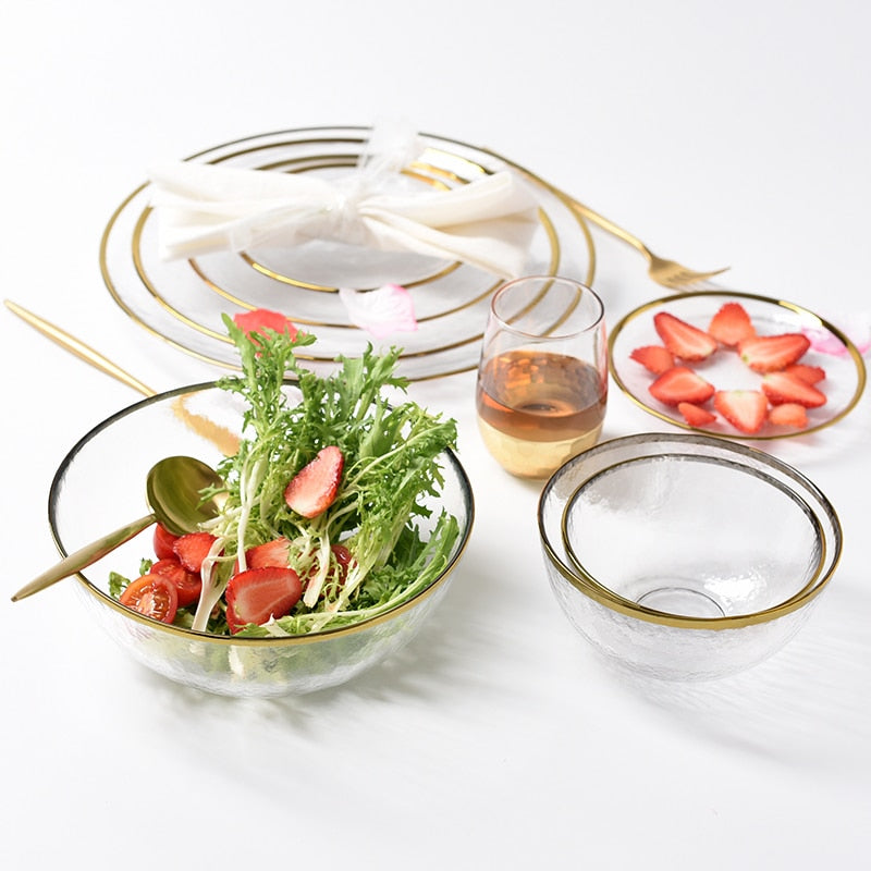 Nordic Glod Charger Glass Dinner Dish Plate Salad Soup Fruit Bowl Dessert Bead Wedding Plate Decorative Tableware