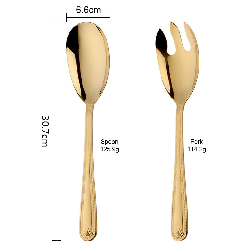 Big Salad Spoon Fork Set Stainless Steel Kitchen Food Server Pasta Utensils Public Gold Tableware Using Buffet Restaurant Tools