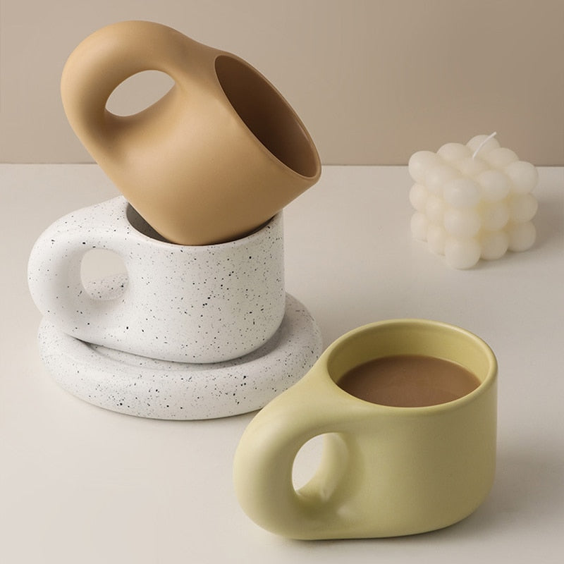 Tasse créative à poignée grasse faite à la main de 300ml, assiette ovale, soucoupe en céramique personnalisée pour café, thé, gâteau au lait, décoration nordique pour la maison