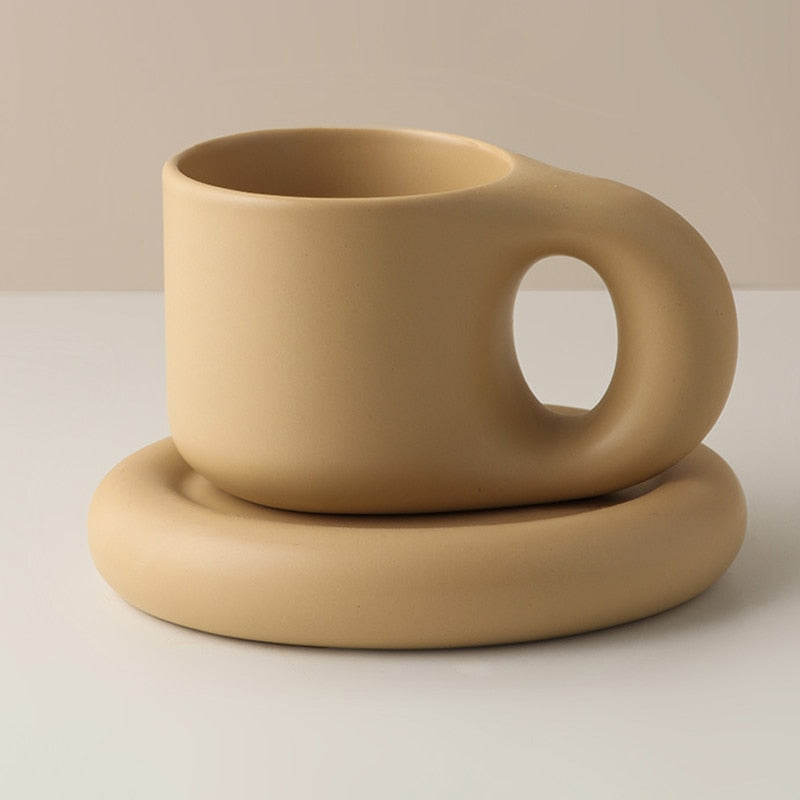 Tasse créative à poignée grasse faite à la main de 300ml, assiette ovale, soucoupe en céramique personnalisée pour café, thé, gâteau au lait, décoration nordique pour la maison