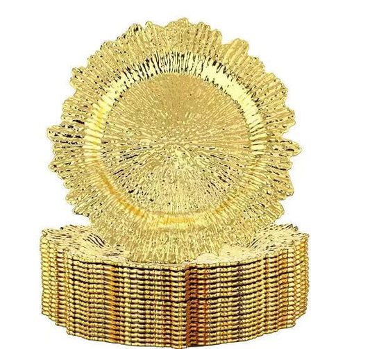 uniquelina wholesale 13inch Round plastic Rim Charger Plates Gold Round Reef gold plastic Charger Plates for Dinner,Wedding,Party,Event Decoration.