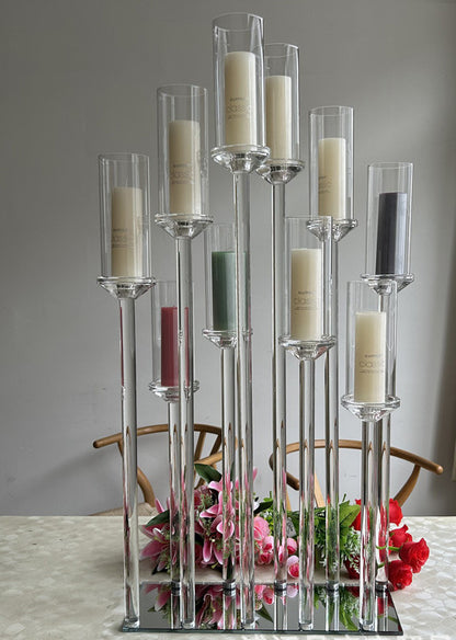 Uniquelina 5-10 Arms Crystal Clear Candelabra Centerpieces for Wedding, Pillar Taper Candlesticks Candle Holders with Acrylic Shade for Birthday Dinner Party Table Decoration(Fit 0.8" Led Candles)