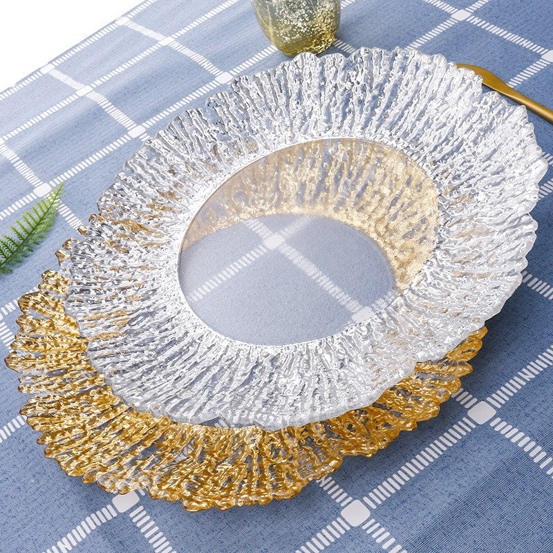 Uniquelina vente en gros de 13 pouces assiettes de chargeur à bord doré en verre rond assiettes de chargeur en verre d'or de récif rond en or pour le dîner, le mariage, la fête, la décoration d'événements. 