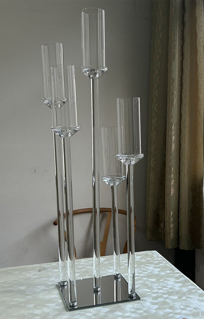 Uniquelina 5-10 Arms Crystal Clear Candelabra Centerpieces for Wedding, Pillar Taper Candlesticks Candle Holders with Acrylic Shade for Birthday Dinner Party Table Decoration(Fit 0.8" Led Candles)