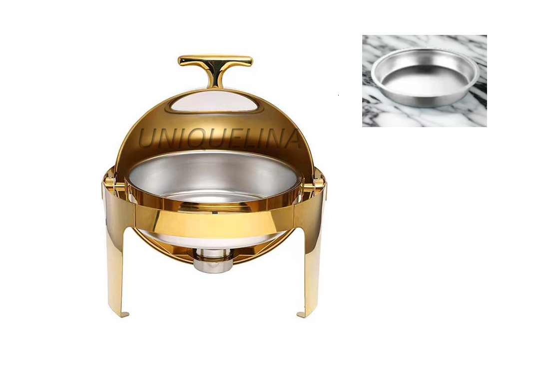 Uniquelina Gold Glass Roll Top Food Warmer Alcohol Stove Chafing Dishes Buffet Food Pan Chafer Buffet Set otel Restaurant Buffet Server
