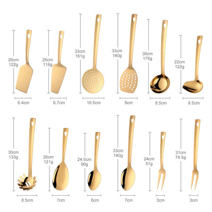 4/12pcs Stainless Steel Kitchen Utensils Gold Cooking Tool Long Serving Sets Scoop Spoon Fork Turner Ladle Cake Shovel