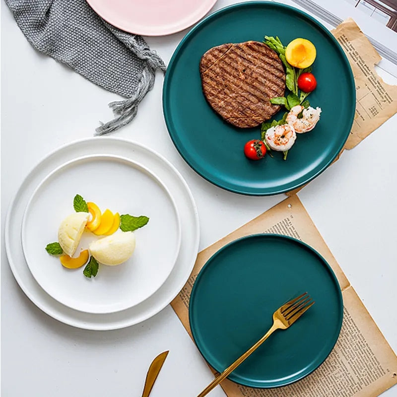 Round Solid Dinner Plates Matte Ceramic Flat Steak Trays Beef Spaghetti Dishware Tableware Dessert Salad Kitchen Tablewears
