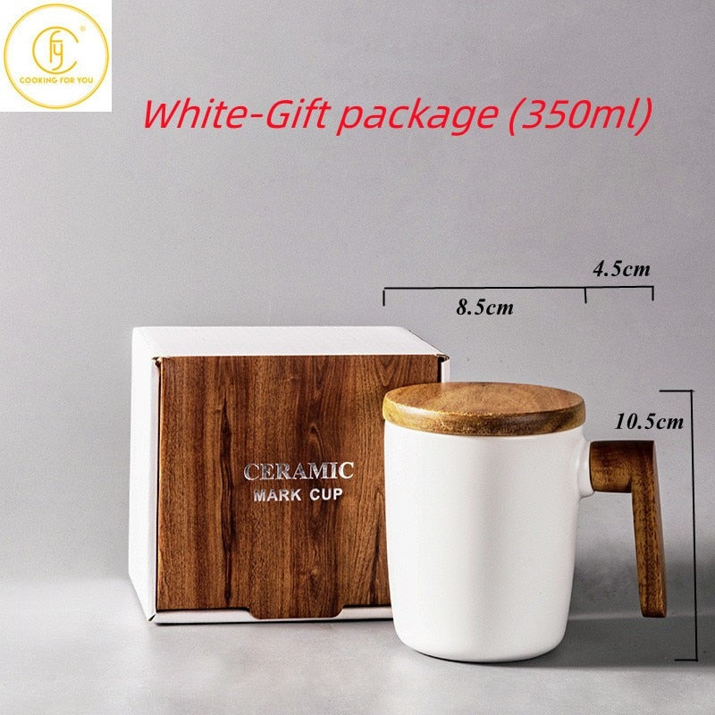 Gift Package Wooden Handle with Cover coffee cup Lovers coffee Mugs Ceramic coffee Mug cup set wooden coffee cup