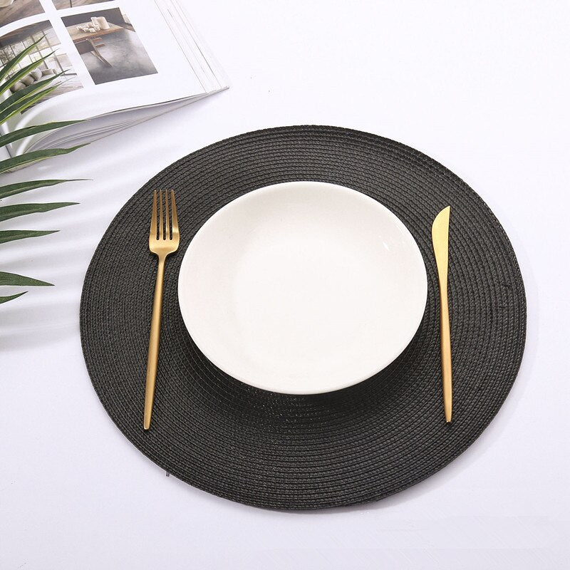 Uniquelina Table Mat Round Woven Placemats PP Waterproof Dining Non-Slip Napkin Disc Bowl Pads Drink Cup Coasters Kitchen Decoration
