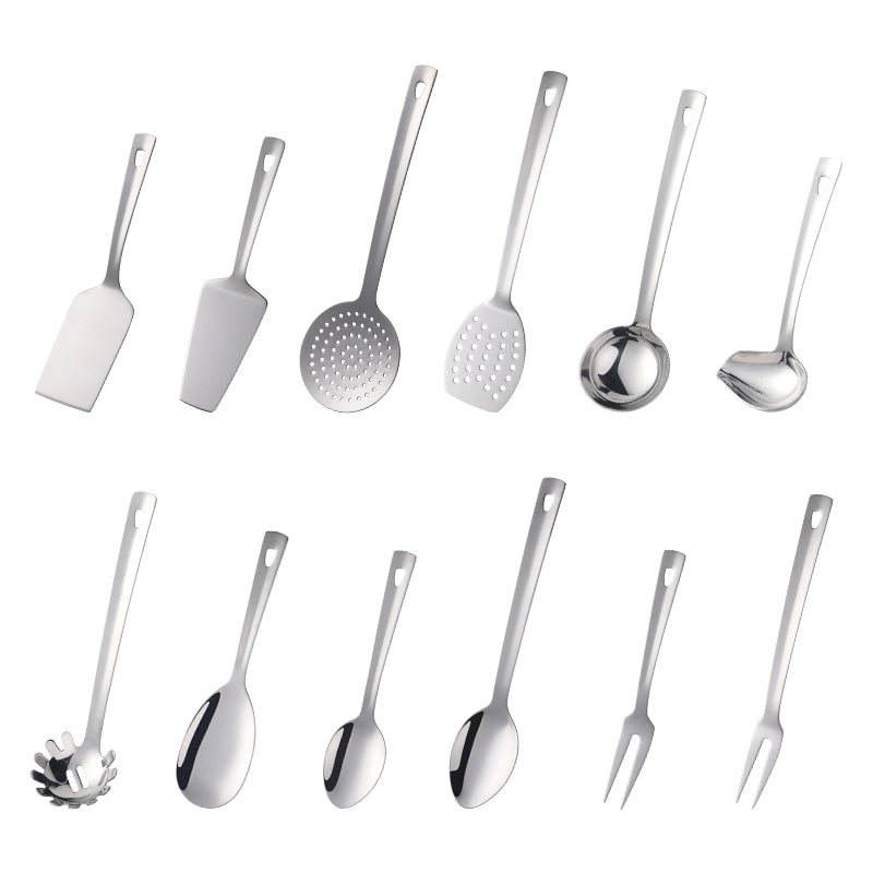 4/12pcs Stainless Steel Kitchen Utensils Gold Cooking Tool Long Serving Sets Scoop Spoon Fork Turner Ladle Cake Shovel